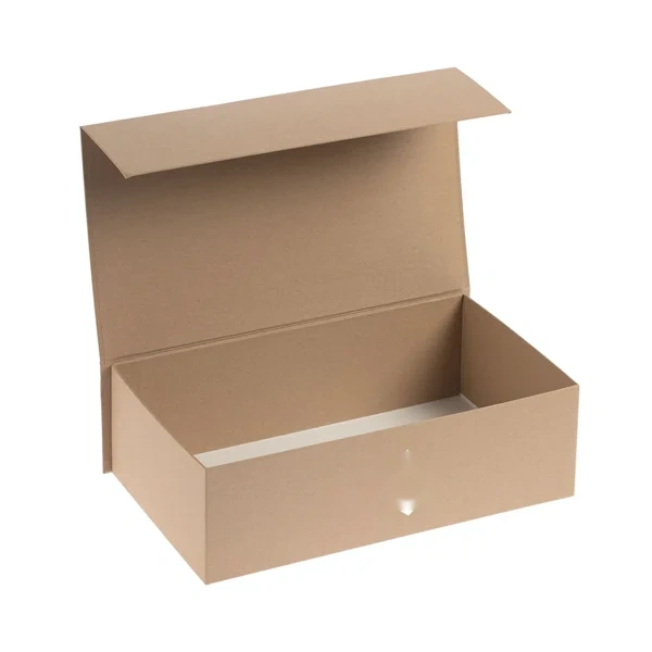 A rigid mailer box shown open with a printed inner face